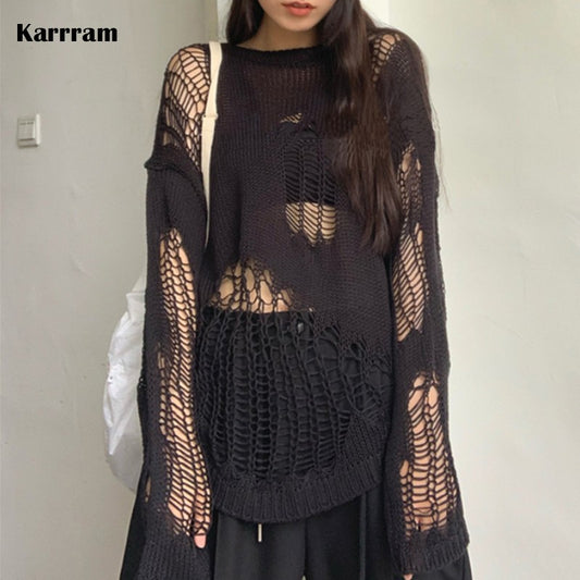 Karrram Gothic Hollow Out Sweater Hole See Through Oversized Knitted